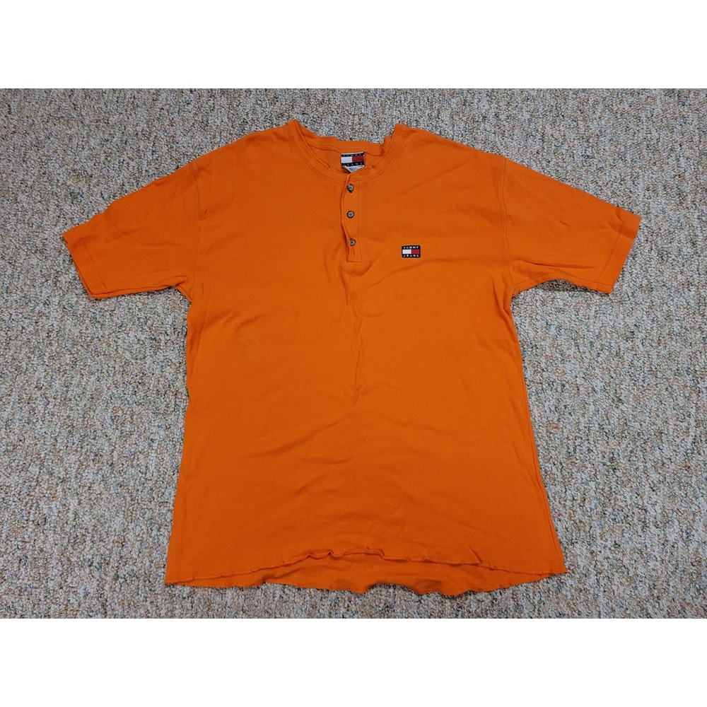 Tommy Jeans Henley Mens XL Orange Vintage 90s Flag Logo Made USA Distressed